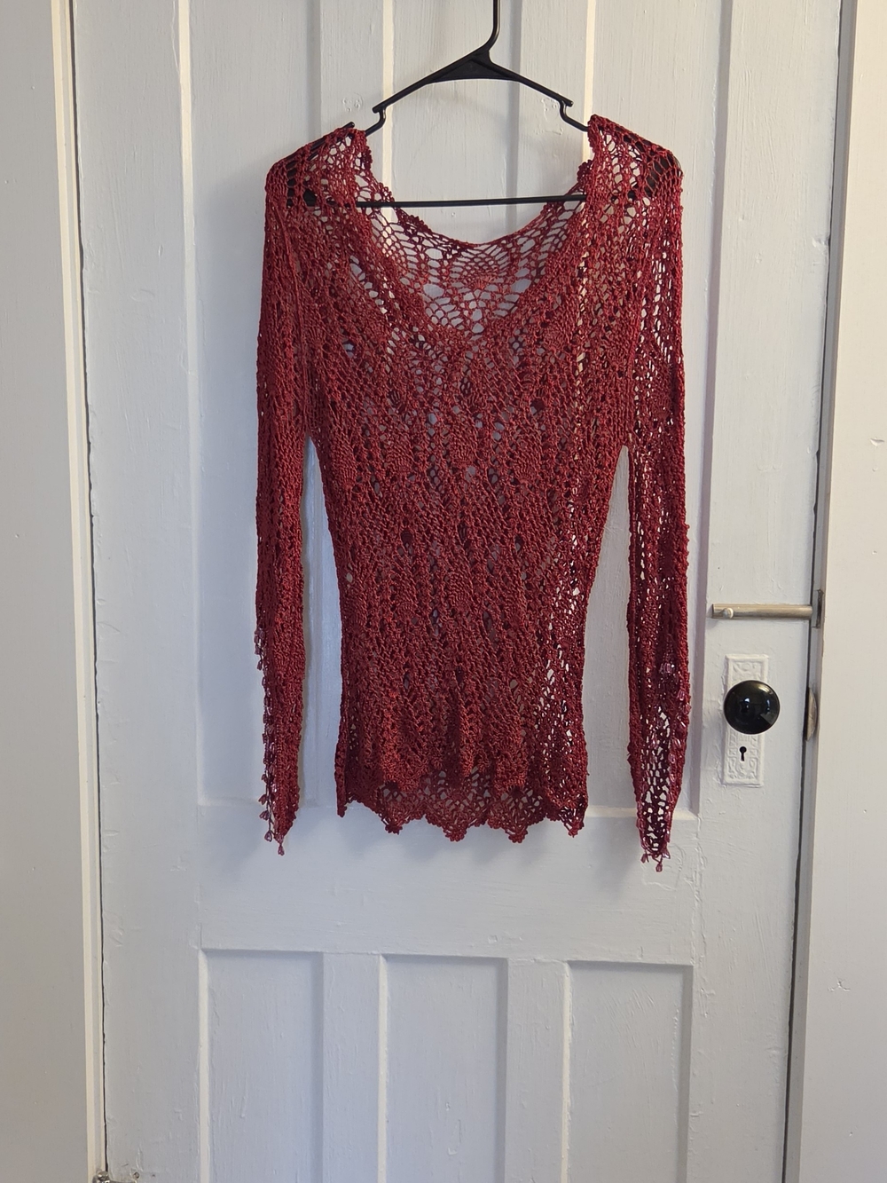 Small Boho Burgundy Crochet top with embroidered jeweled sleeves